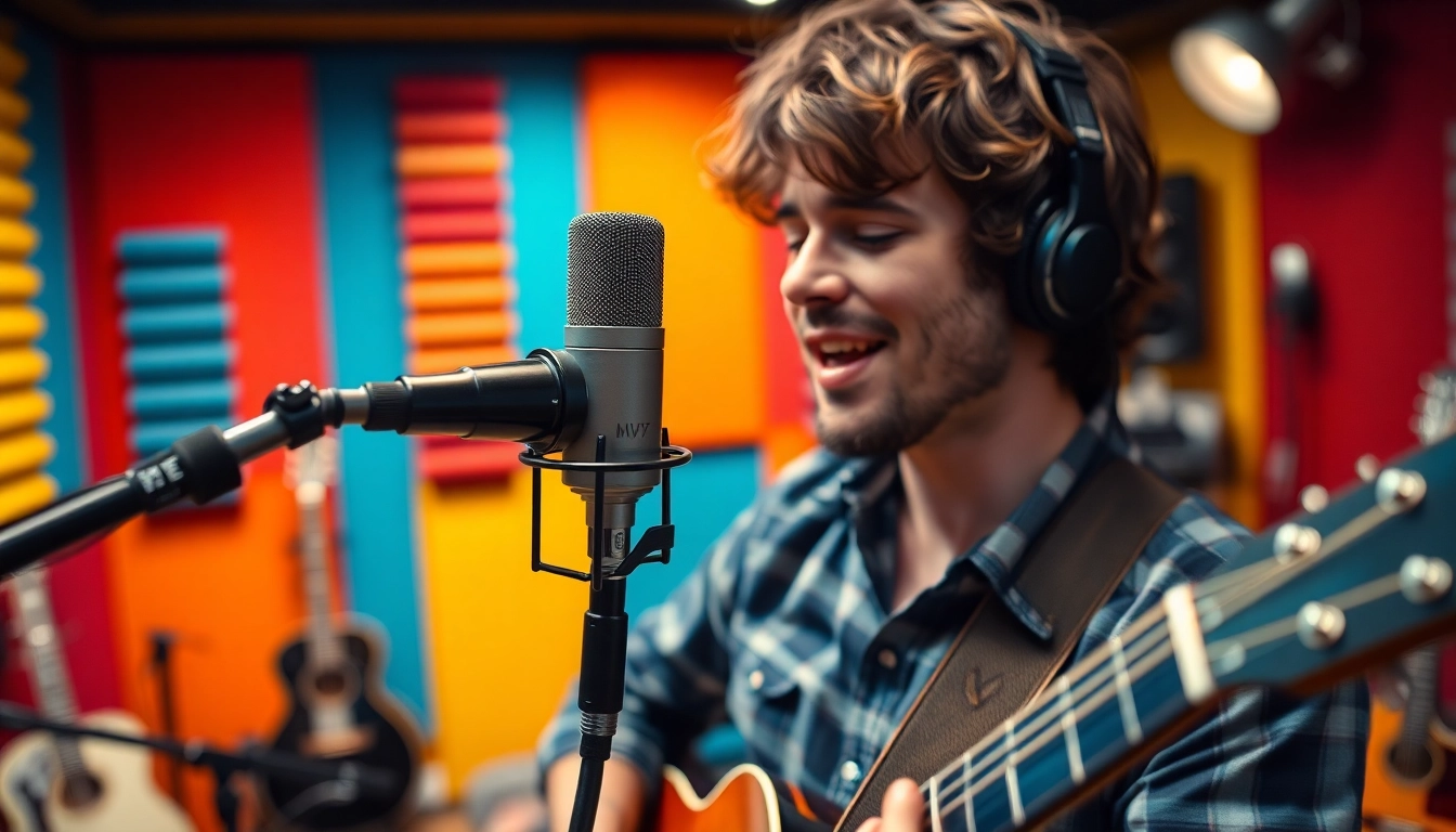 Using the MV 88 microphone, a musician performs energetically in a vibrant studio.