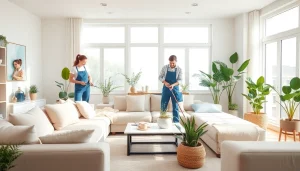 Efficient cleaning service team organizing a bright living space for a pristine environment.