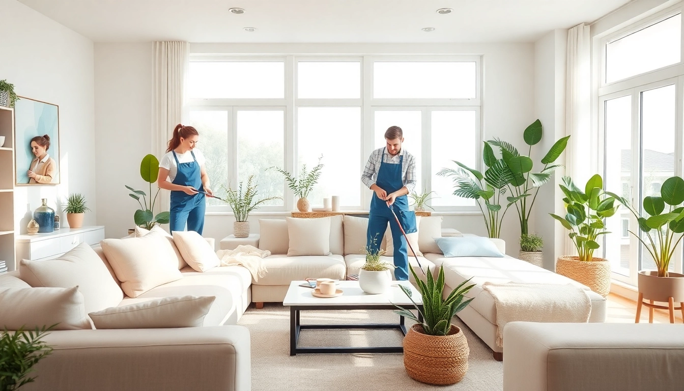 Efficient cleaning service team organizing a bright living space for a pristine environment.