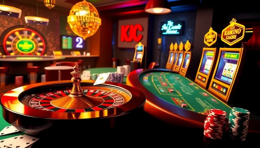A lively casino atmosphere showcasing roulette wheels, poker tables, and slot machines, representing the exciting world of KJC AC 1.
