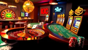 A lively casino atmosphere showcasing roulette wheels, poker tables, and slot machines, representing the exciting world of KJC AC 1.