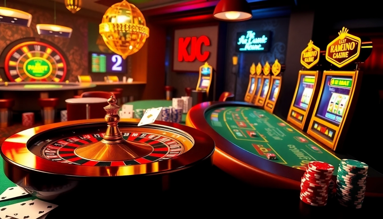A lively casino atmosphere showcasing roulette wheels, poker tables, and slot machines, representing the exciting world of KJC AC 1.