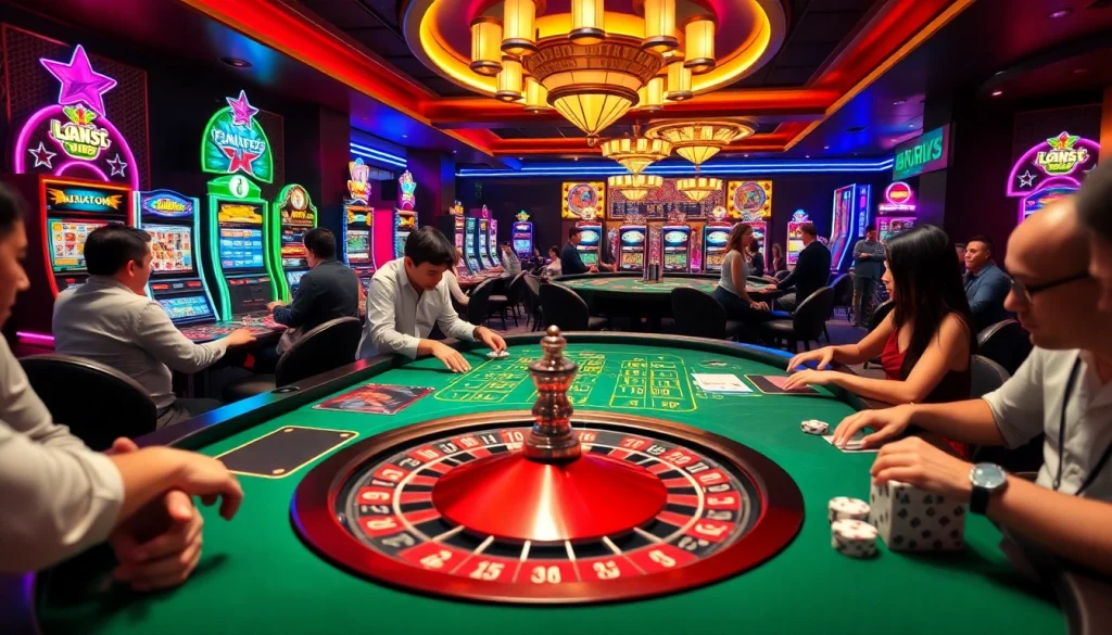 A vibrant casino environment showcasing roulette tables, slot machines, and poker games, emphasizing KJC AC 1 for an immersive gambling experience.