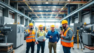 Technicians conducting a noise assessment survey in an industrial environment