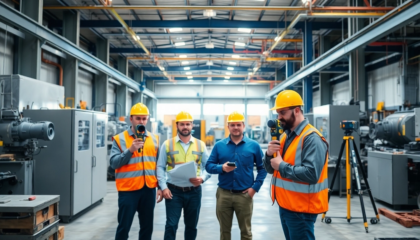 Technicians conducting a noise assessment survey in an industrial environment