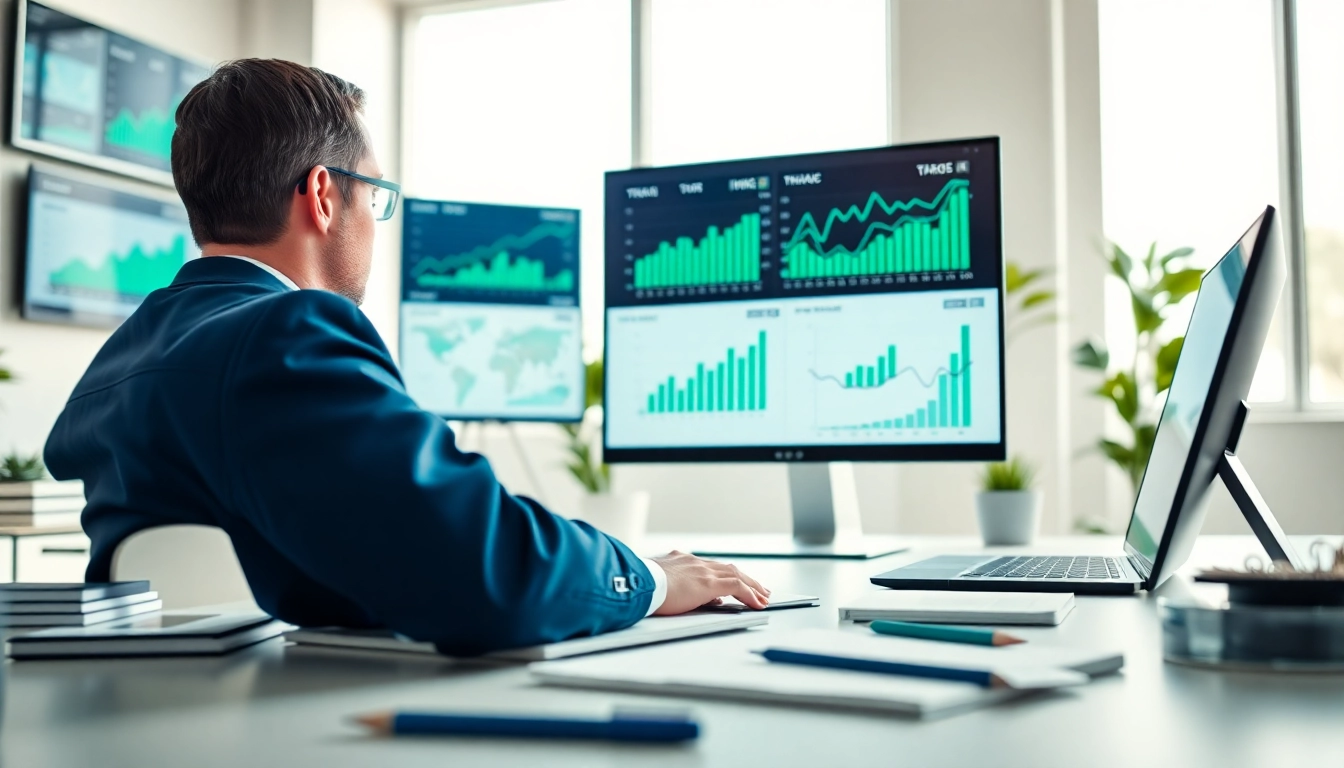 Analyzing data on https://presshackers.com in a bright modern office.