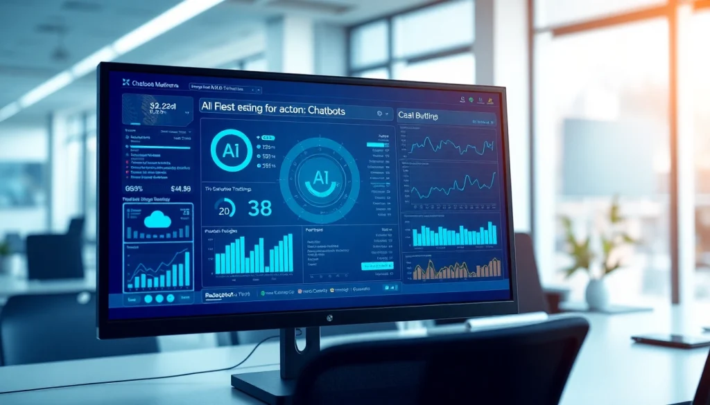 Showcasing the AI testing platform of https://benchbot.ai with interactive chatbot metrics in a modern office.