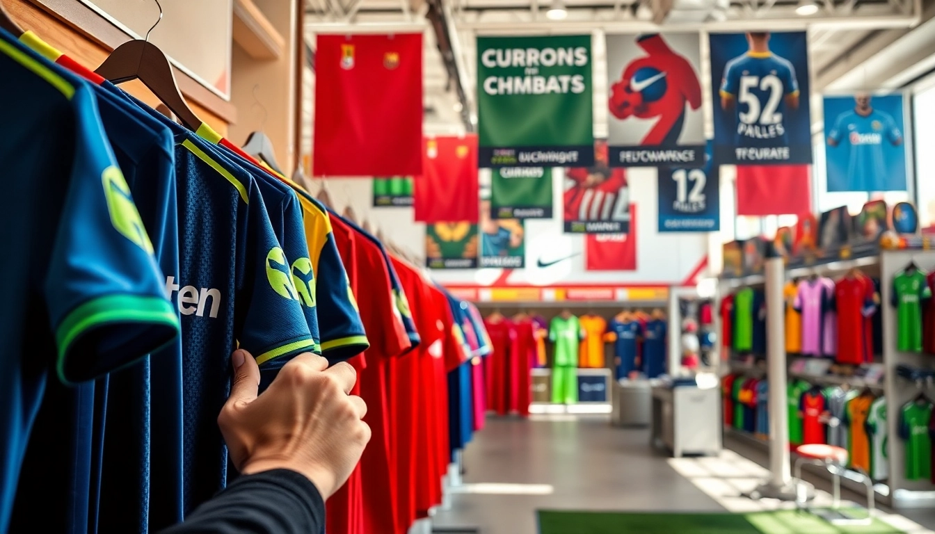 Shop vibrant football kits in a dynamic sports store showcasing diverse team jerseys.
