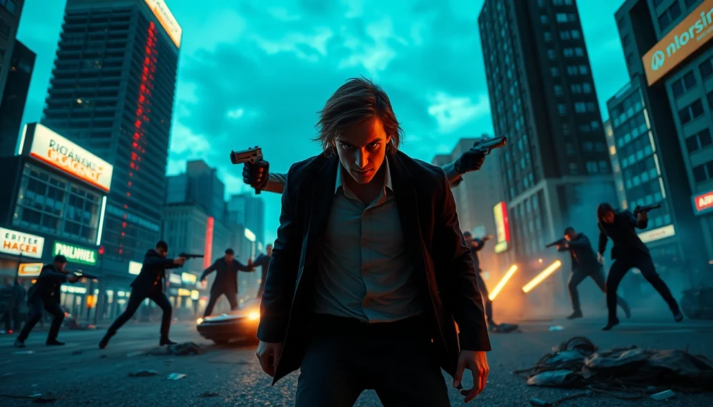 Engage with an action-packed thriller showcasing a hero in a tense urban showdown.