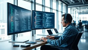 Engage with Technology through a developer's creative workspace setup and advanced gadgets.