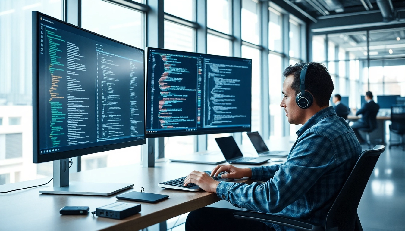 Engage with Technology through a developer's creative workspace setup and advanced gadgets.