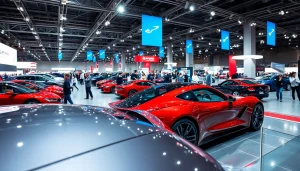 Discover top models at the Auto Cars Show featuring enthusiasts engaged around vehicles.