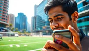 Engaging scene of sports betting in India showcasing a bettor using a mobile app.