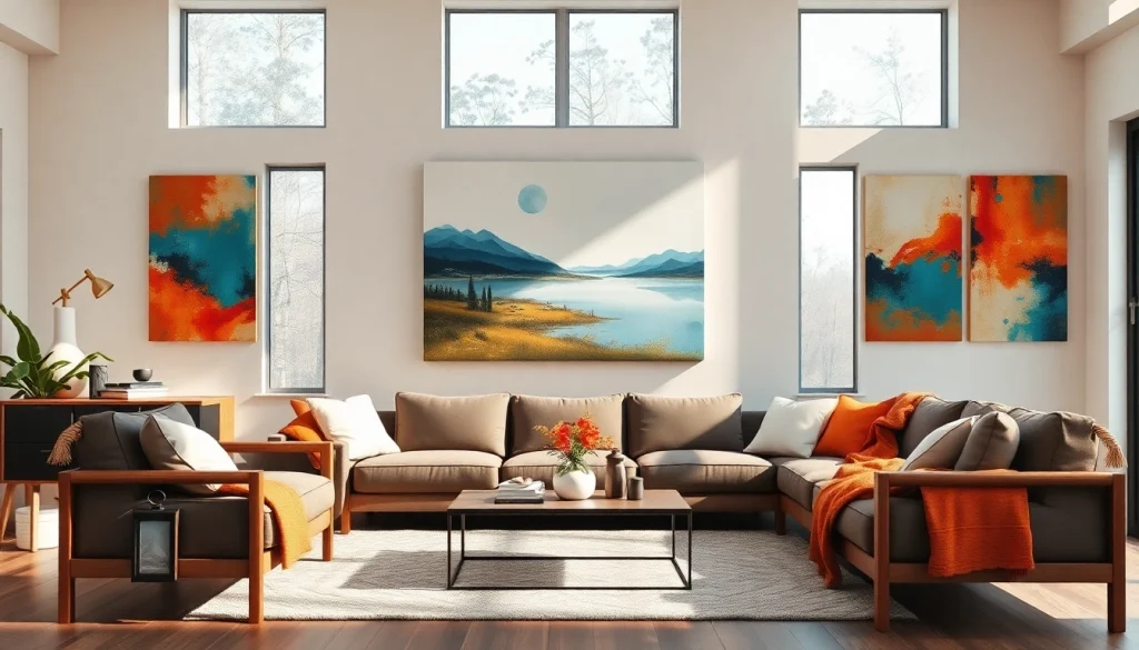 Showcasing beautiful canvas wall art in a cozy, modern living room with vibrant colors.