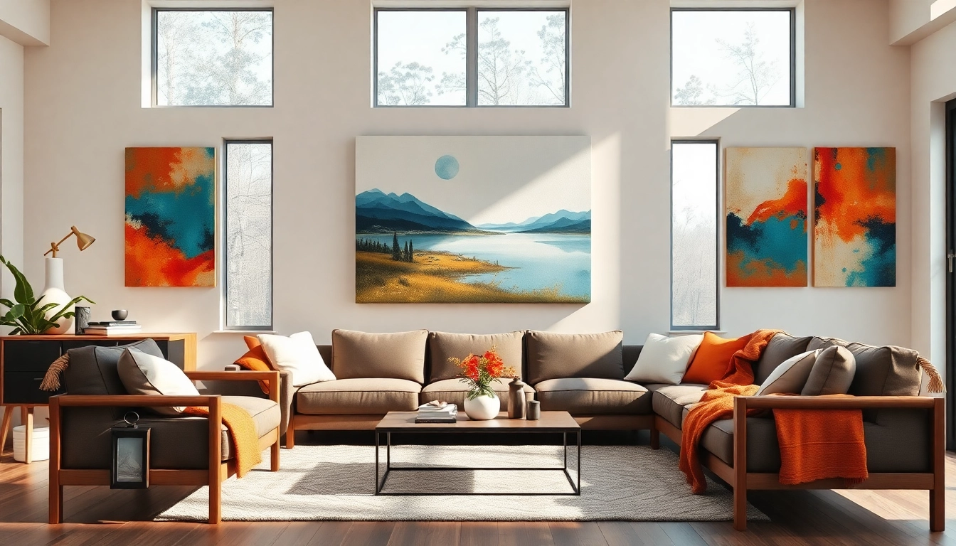 Showcasing beautiful canvas wall art in a cozy, modern living room with vibrant colors.