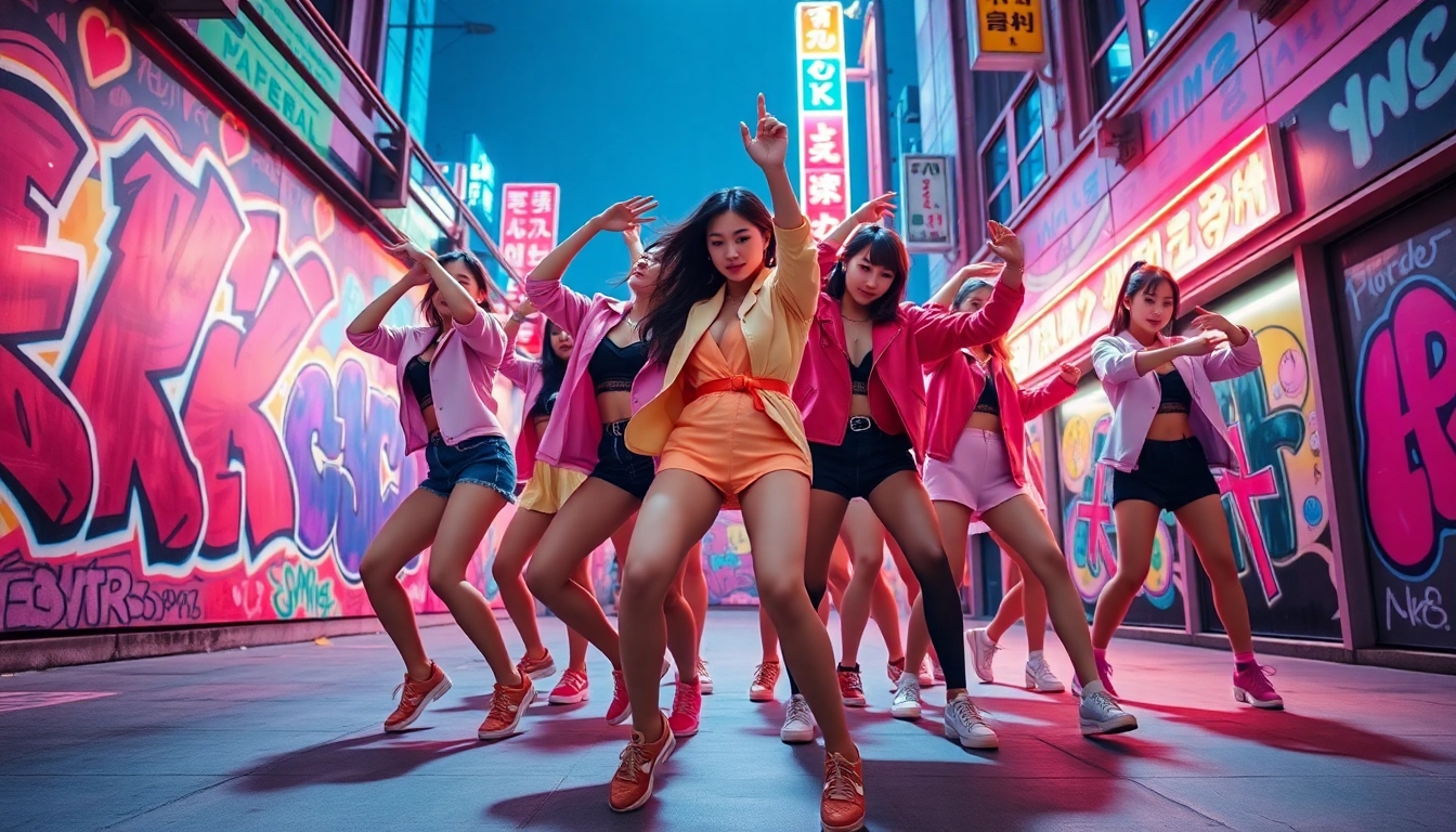 Watch K-Pop dancers showcase their moves vibrantly at https://www.kpopangel.com with a scenic urban backdrop.