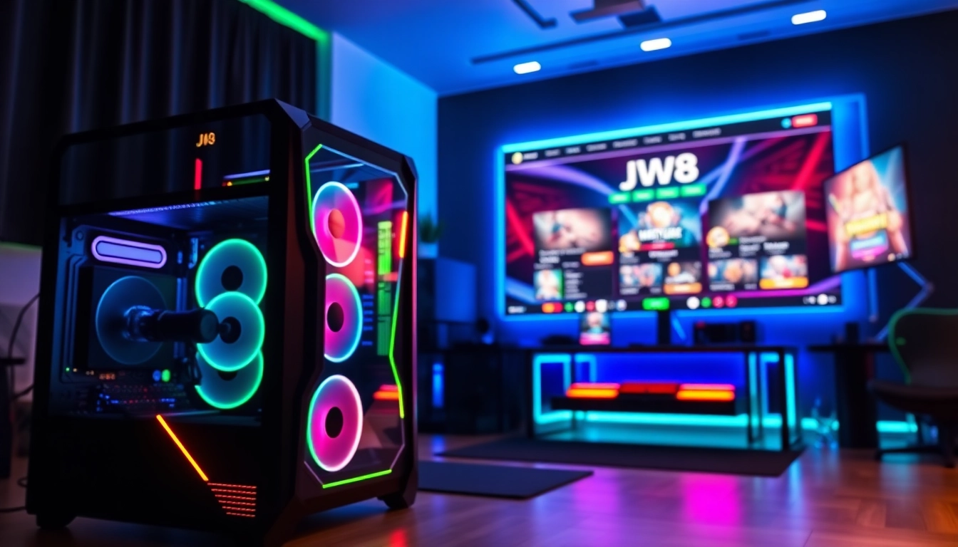jw8 हिंदी के लिए आकर्षक ऑनलाइन गेमिंग सेटअप में पेशेवर डिवाइस और ग्राफिक्स दिखाते हुए