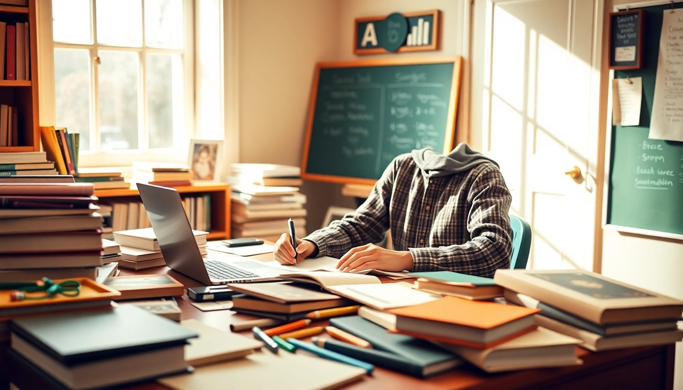 Realizează lucrare licenta la birou, înconjurat de cărți și laptop, cu atmosferă academică.