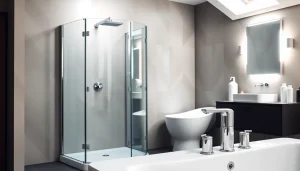Visitez le mobilier moderne de salle de bain sirhona avec cabine de douche et miroir illuminé.
