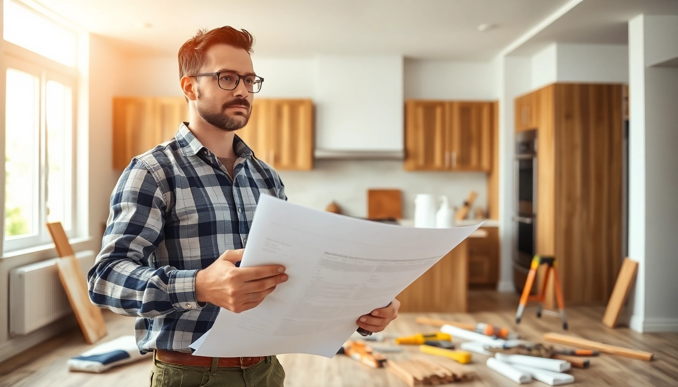 Remodeling Contractor assessing a kitchen renovation with blueprints and tools.