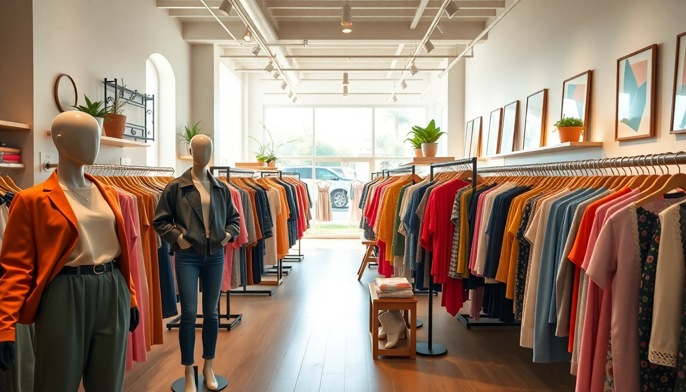 Inside a vibrant clothing store showcasing stylish outfits and colorful garments on display.