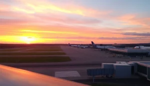 Explore Newcastle Airport’s modern terminal building surrounded by a beautiful sunset glow.