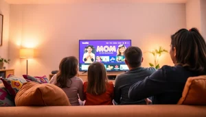 Explore the Mom IPTV service with a family enjoying diverse channels on their smart TV in a cozy living room.
