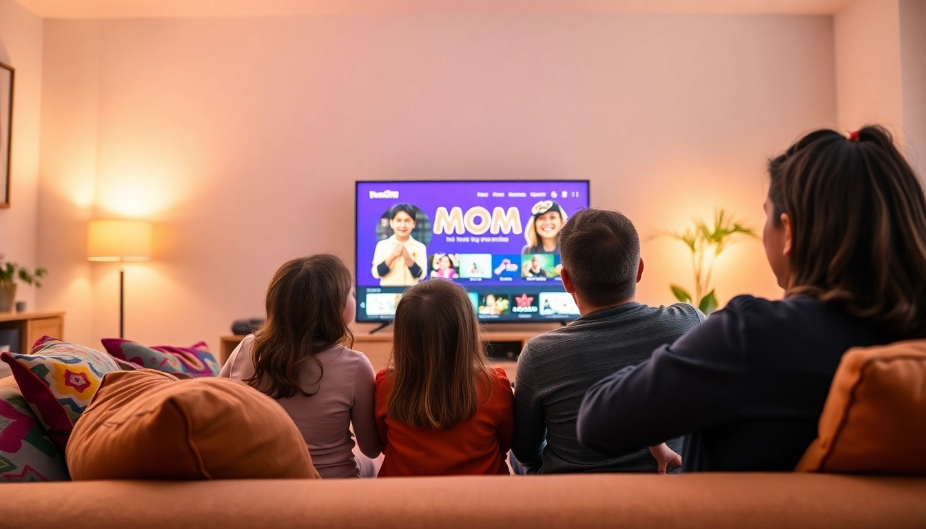Explore the Mom IPTV service with a family enjoying diverse channels on their smart TV in a cozy living room.