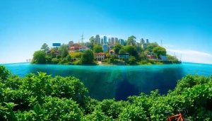 Highlight sustainability themes at https://www.unsustainablemagazine.com with lush landscapes and clean living features.