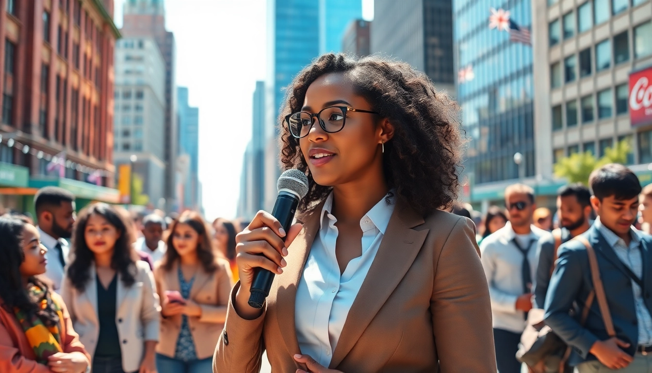 thephoenixnewspaper journalist engaging with diverse community members in an urban setting.