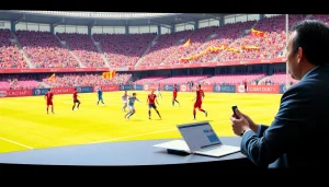 스포츠중계와 함께 열정적인 축구 경기 중계 장면을 보여주는 이미지