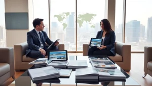 International real estate companies negotiating a property deal in a modern office.