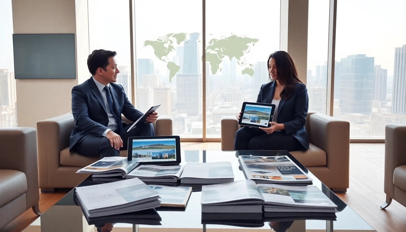 International real estate companies negotiating a property deal in a modern office.