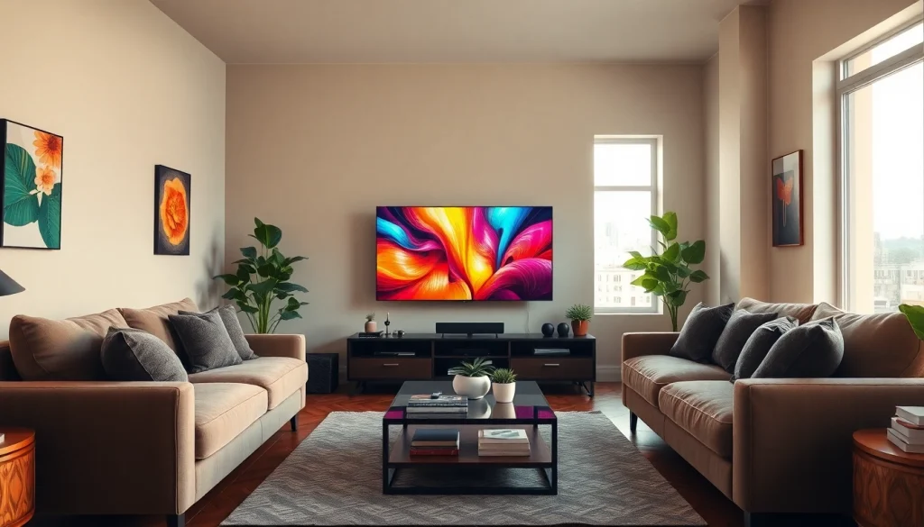 Showcase iron tv pro streaming in a modern living room with vibrant decor.