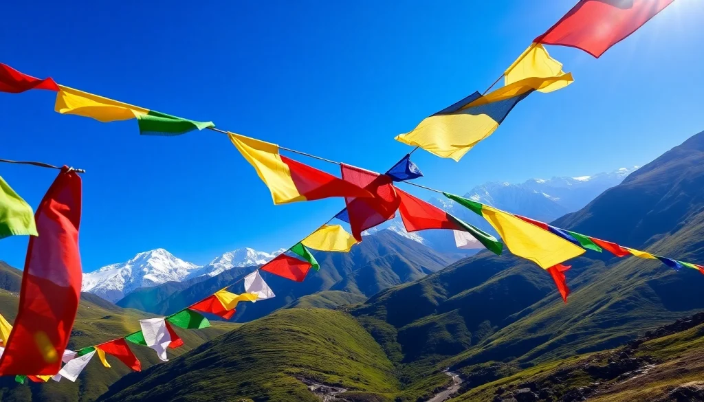 View of vibrant nepal prayer flags fluttering in the breeze against Himalayan mountains.