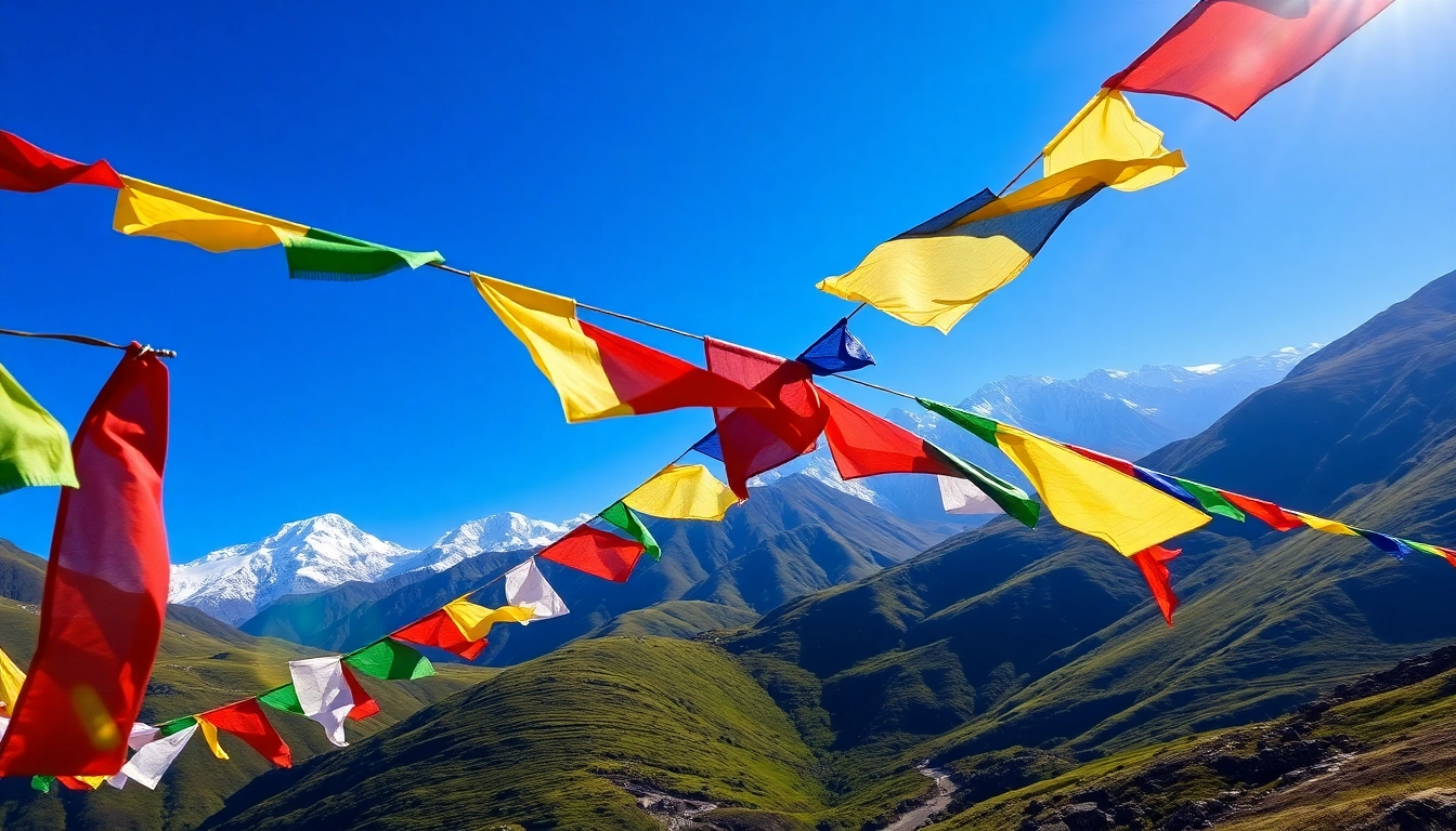 View of vibrant nepal prayer flags fluttering in the breeze against Himalayan mountains.