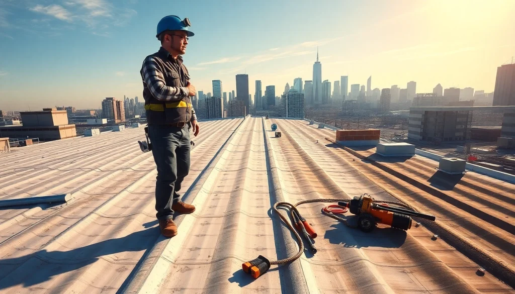 Evaluate commercial roofing services with professional contractor on a city rooftop, showcasing diverse materials.