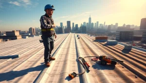 Evaluate commercial roofing services with professional contractor on a city rooftop, showcasing diverse materials.