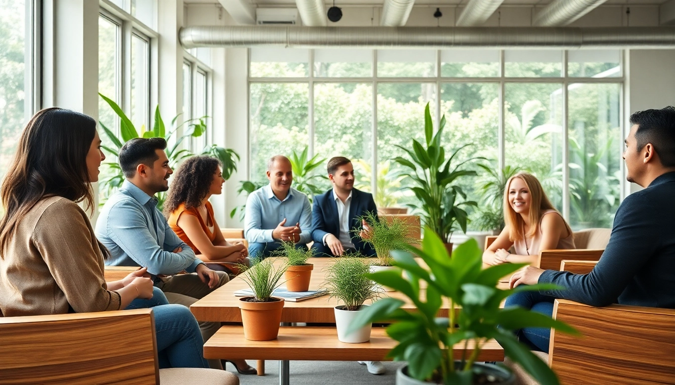 Das Team bei http://oekologisch-erfolgreich.de diskutiert nachhaltige Geschäftslösungen in einem modernen Büro.