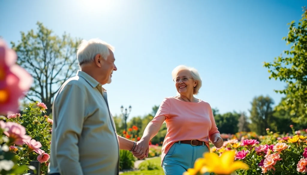 Celebrate vibrant retirement living with https://frontidas.com showcasing a joyful elderly couple in a beautiful garden.