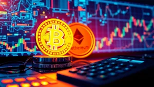 Kalkulator do analiz kryptowalut, z symbolami Bitcoina, sieciami blockchain i wykresami handlowymi.