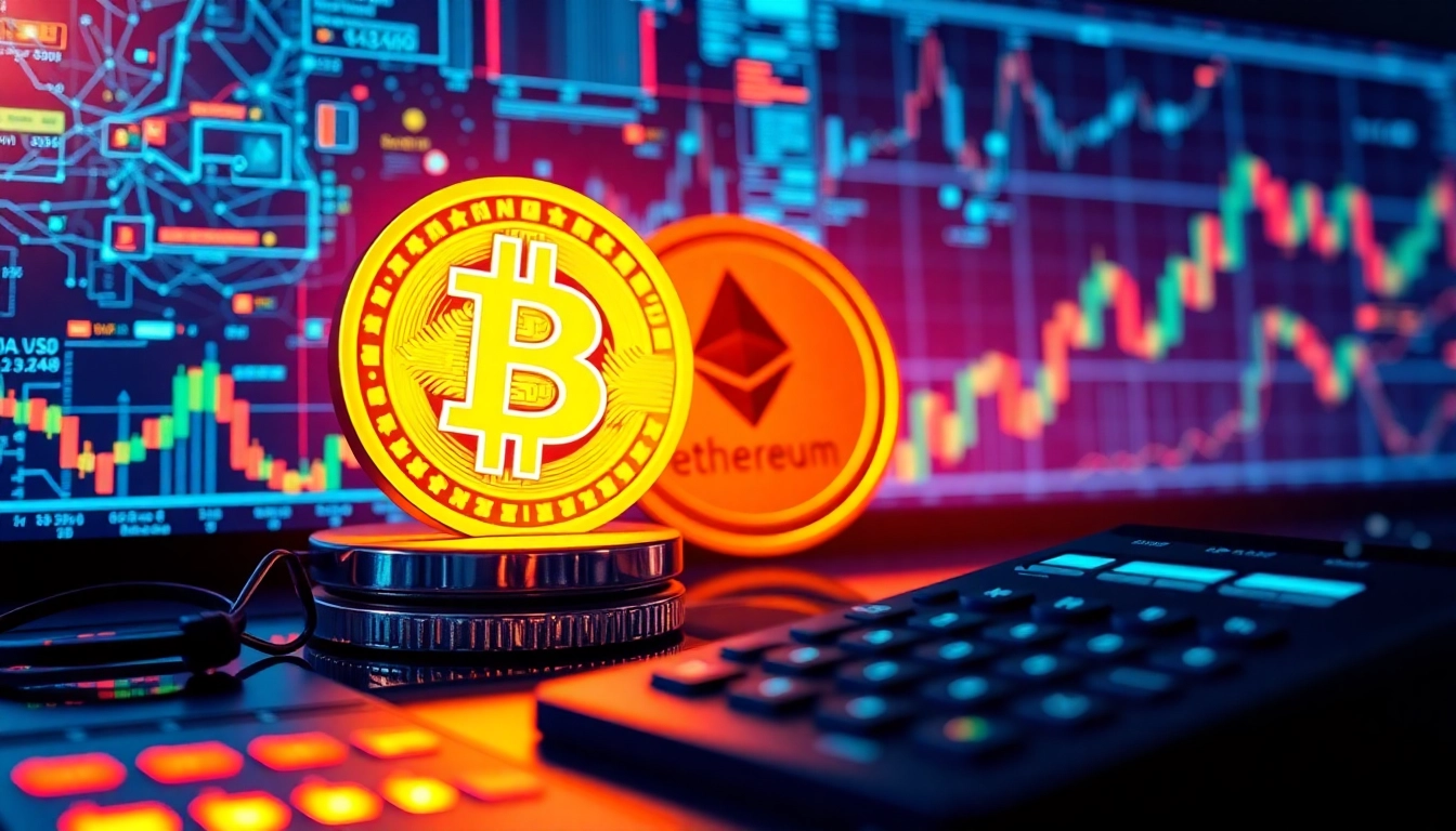 Kalkulator do analiz kryptowalut, z symbolami Bitcoina, sieciami blockchain i wykresami handlowymi.