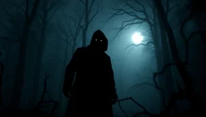 Suspenseful thriller scene depicting a shadowy figure in a misty forest.