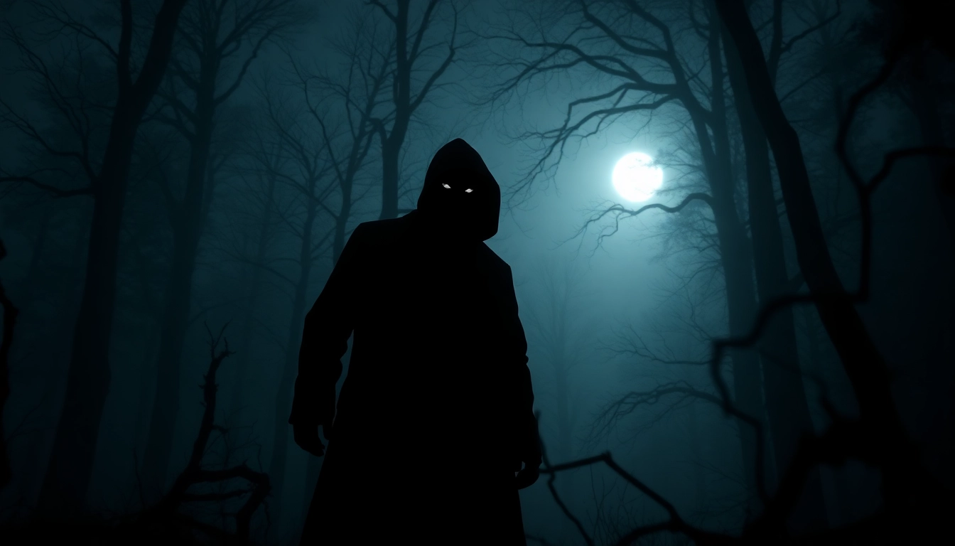 Suspenseful thriller scene depicting a shadowy figure in a misty forest.