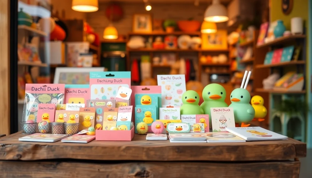 Dachi Duck homepage showcasing vibrant charms and stickers in a lively shop display.