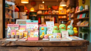 Dachi Duck homepage showcasing vibrant charms and stickers in a lively shop display.