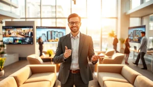 Showcase of new launch condos presented by a professional at https://newdeveloperlaunch.sg in a modern real estate office.