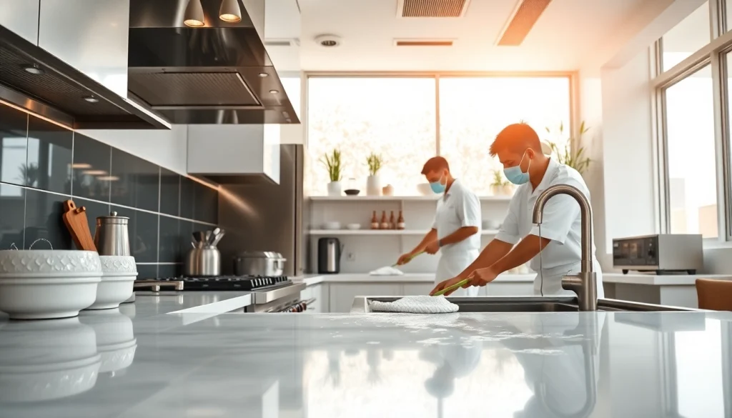Kitchen deep cleaning Dubai service showcasing a pristine kitchen environment with cleaning professionals.
