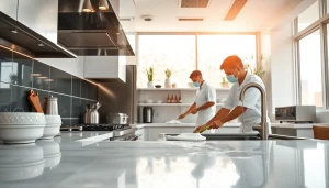 Kitchen deep cleaning Dubai service showcasing a pristine kitchen environment with cleaning professionals.