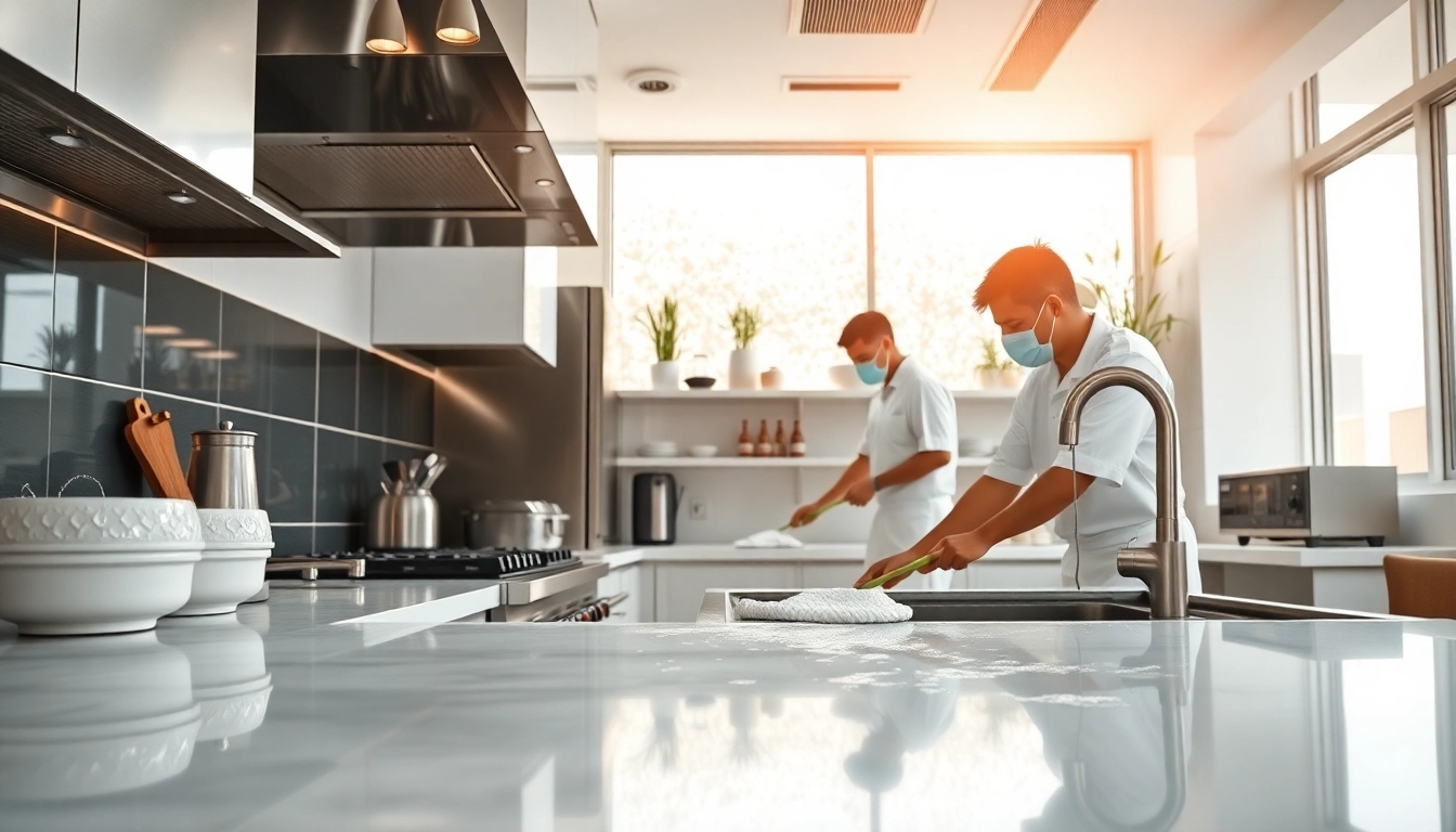 Kitchen deep cleaning Dubai service showcasing a pristine kitchen environment with cleaning professionals.